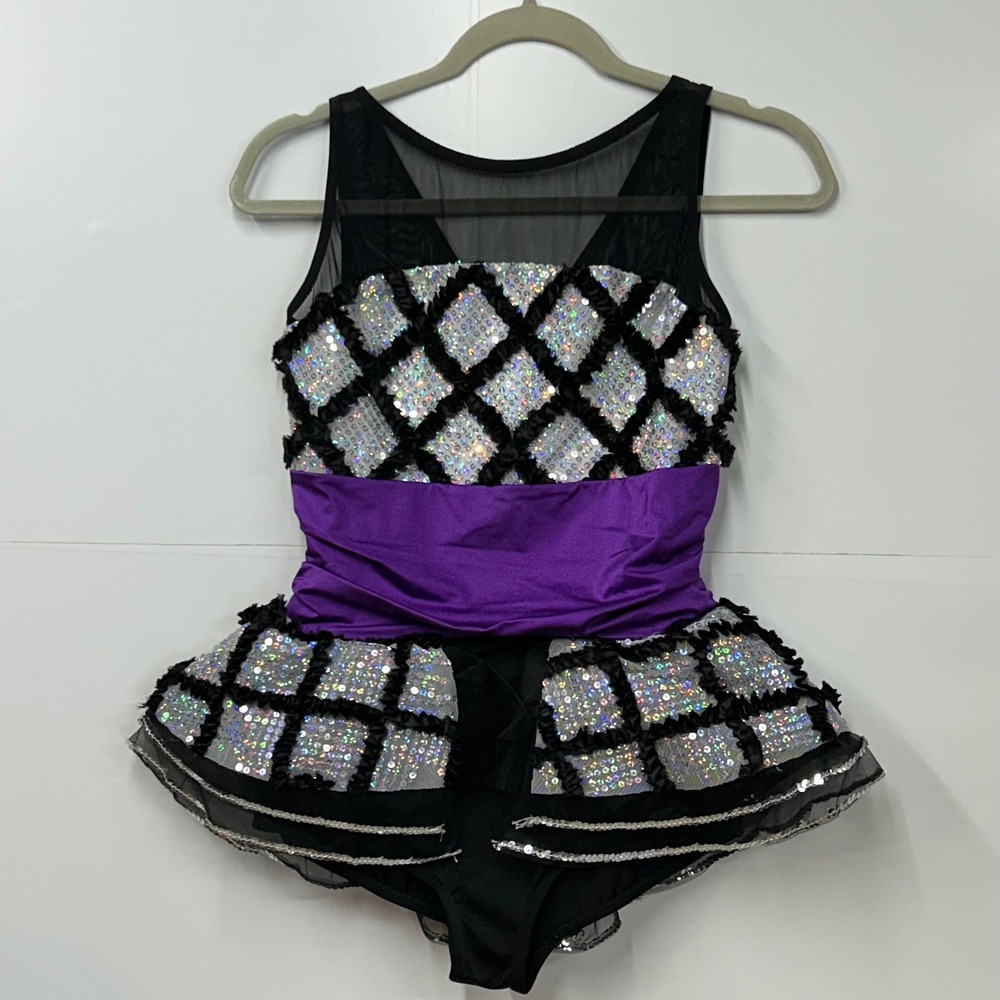 Costume Gallery Dance Leotard Child XL Purple Black Silver Good Sequin Bow 18606